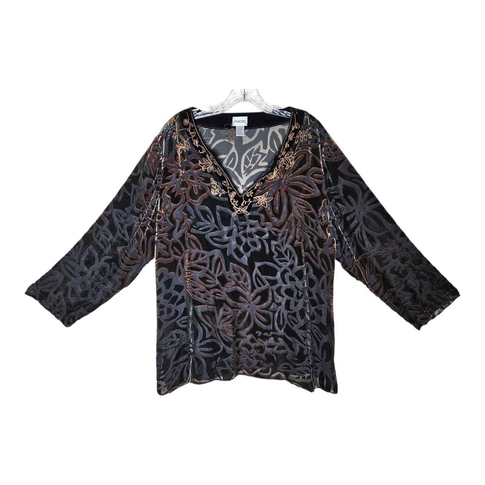 CHICO'S 3 Women XL Blouse Velvet Burnout Embroidered Beads Silk Blend Whimsigoth